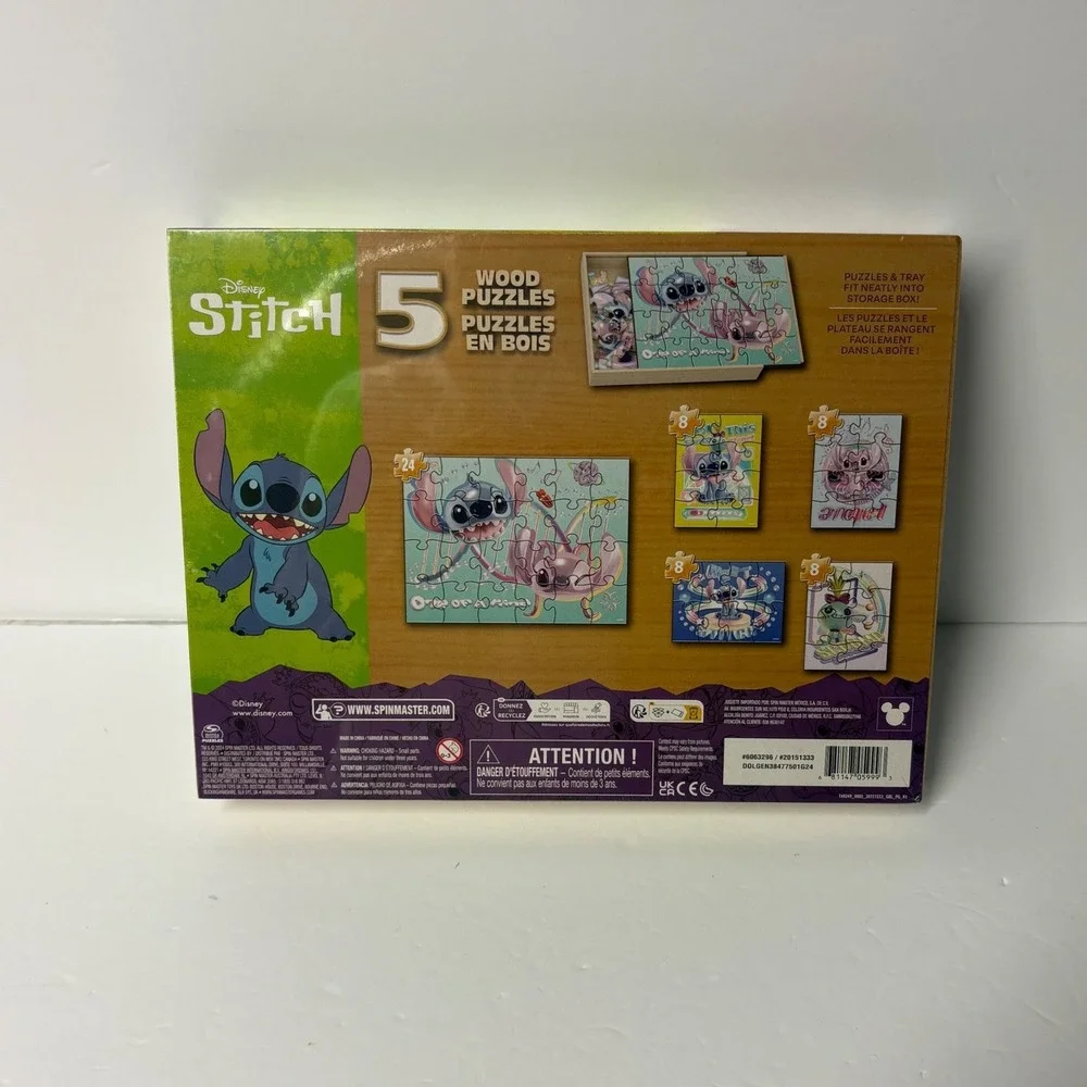 Disney Stitch 5 Wood Puzzles Set with Storage Tray Spin Master New Lilo & Angel